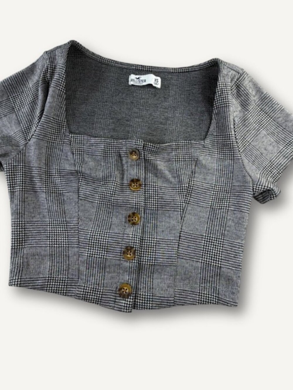 Hollister‎ Plaid Crop Top Womens XS Button Front Square Neck Fitted Blouse